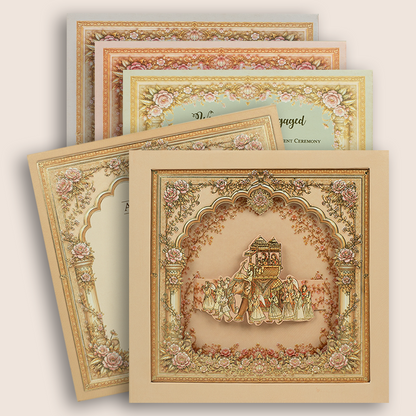 Beige Royal Baraat Laser Cut Padded Wedding Card - KPR026190