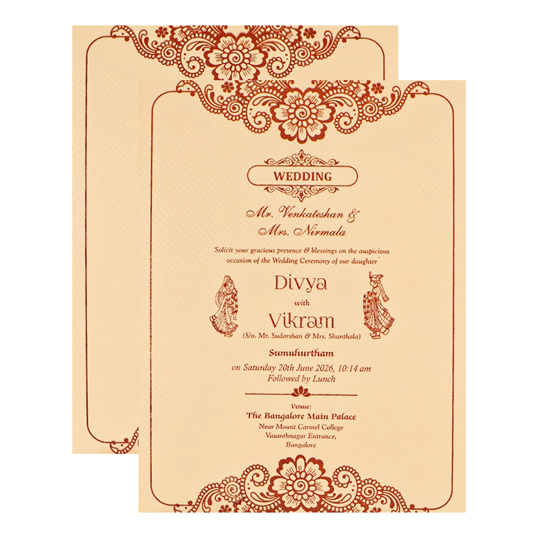 Cream Double Door Floral Padded Wedding Card-KNPM9532P