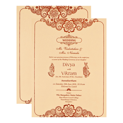 Cream Double Door Floral Padded Wedding Card-KNPM9532P