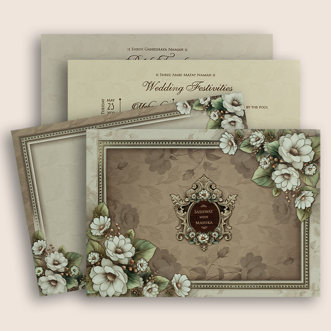 Pastel Brown Floral Padded Invitation Card - KRE28740