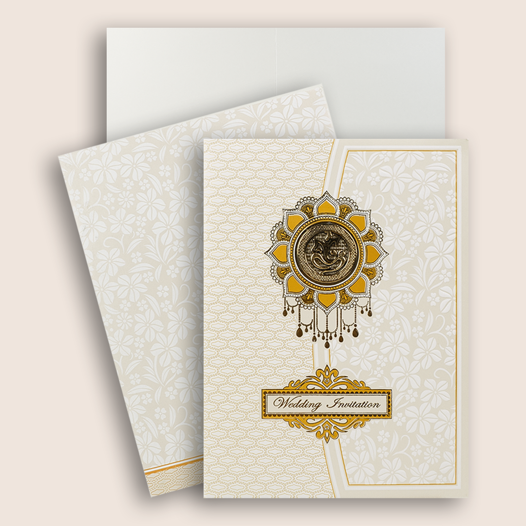White Embossed Ganesha Invitation Card-KNK7061W