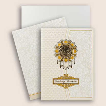 White Embossed Ganesha Invitation Card-KNK7061W