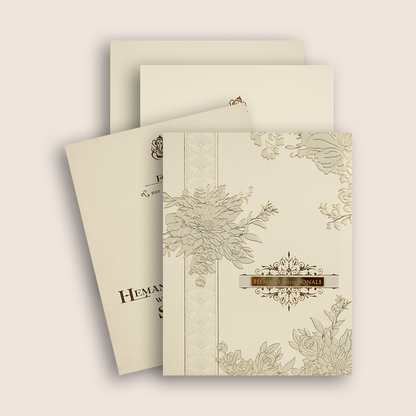 White Golden Floral Embossed Padded Wedding Card - KPR010240