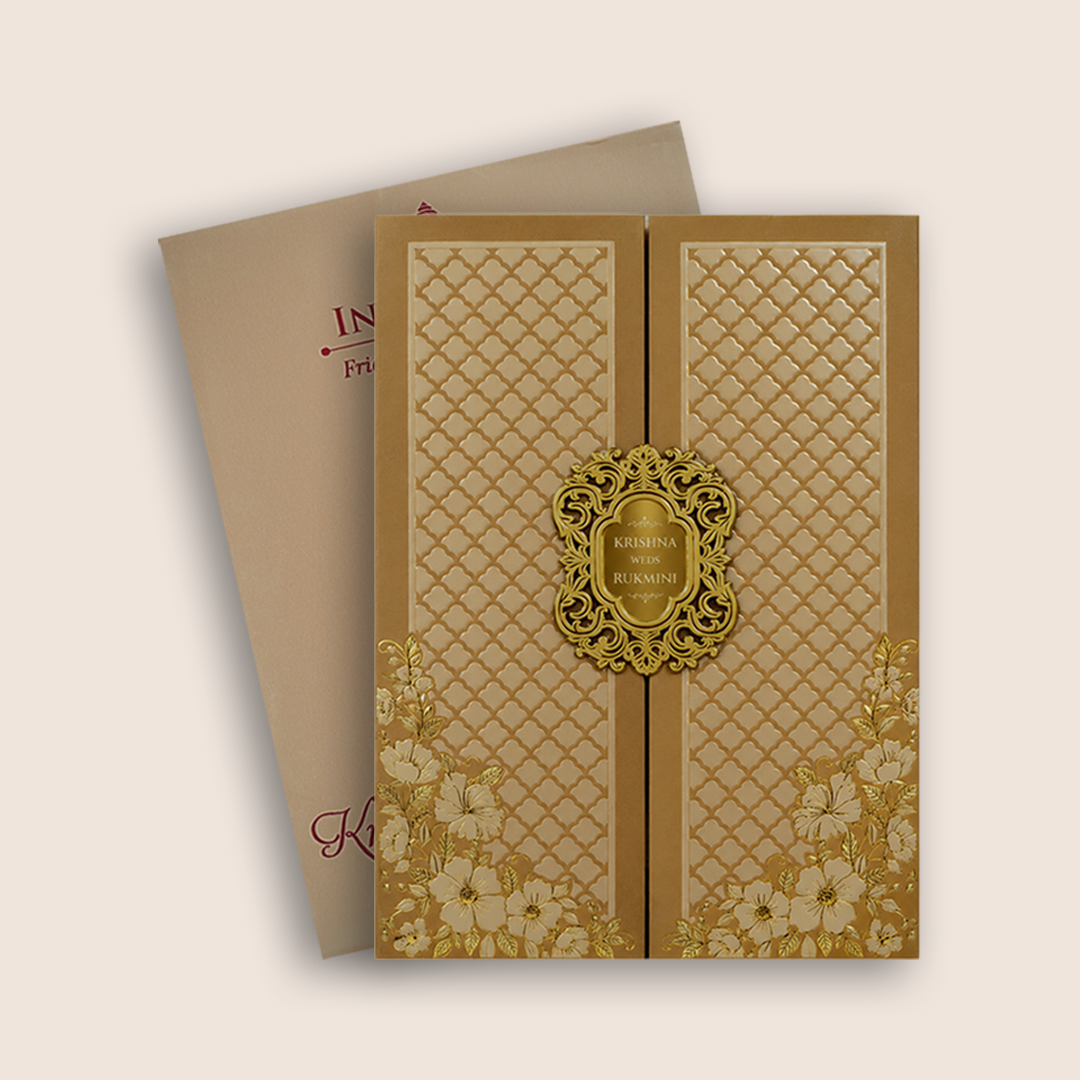 Light Brown Floral Padded Door Style Wedding Card - KJTS1955