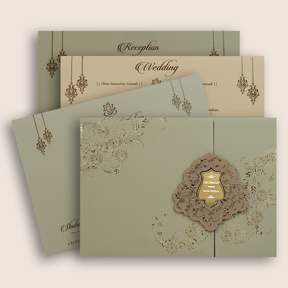 Light Grey Embossed Floral Door Style Marriage Invitation - KRB10460