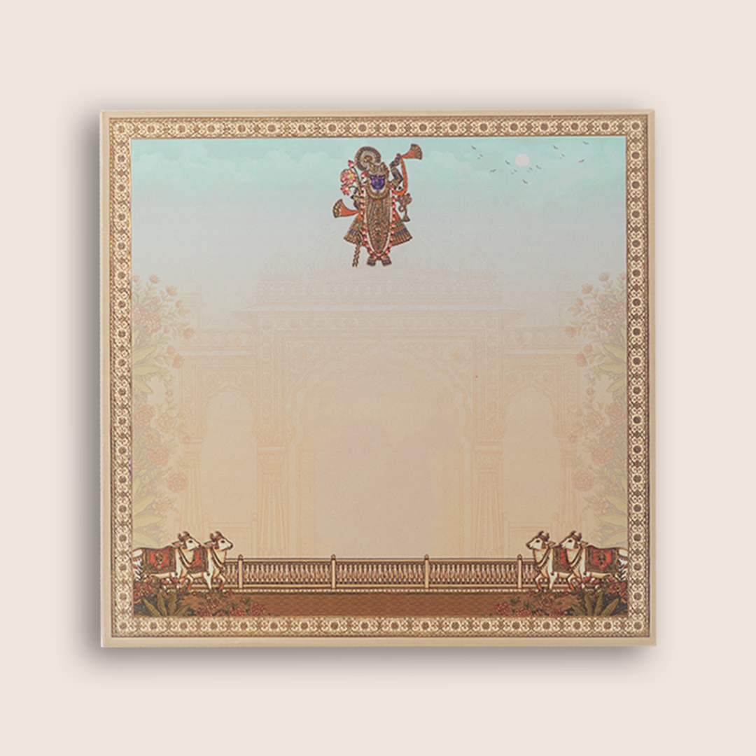 Cream Lord Shrinathji Laser Cut Padded Wedding Card - KAA06210