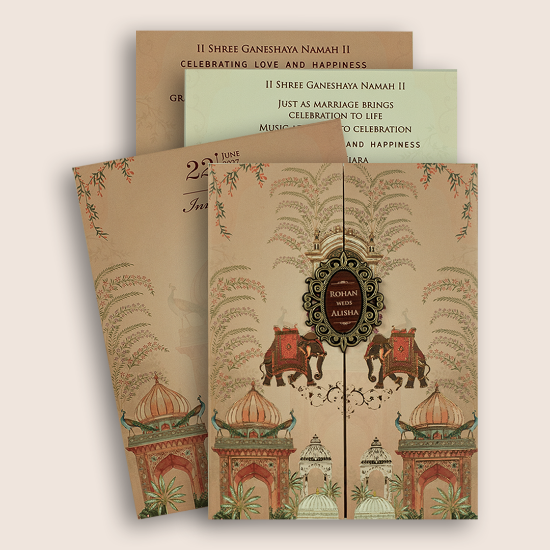 Peach Elephant Peacock Door Style Padded Wedding Card - KFR17310
