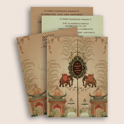 Peach Elephant Peacock Door Style Padded Wedding Card - KFR17310