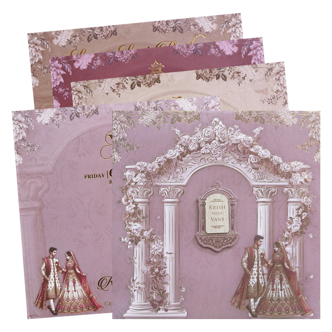 Purple  Floral padded Pillar Wedding Card -KVN07530