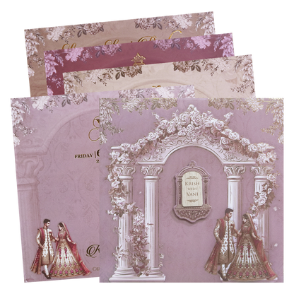 Purple  Floral padded Pillar Wedding Card -KVN07530