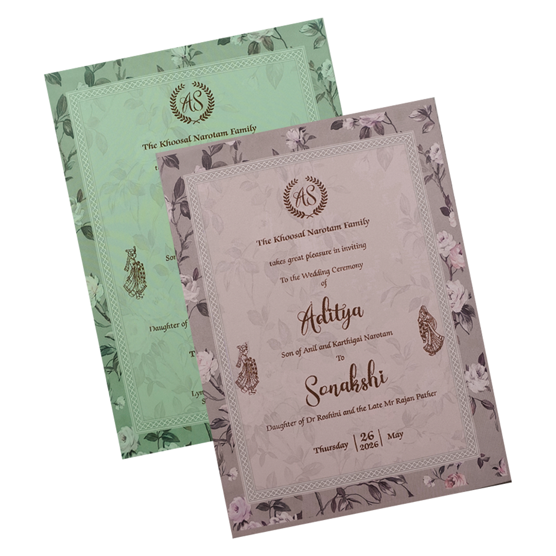 Green Floral Gold Frame Padded Wedding Card-KRE27260