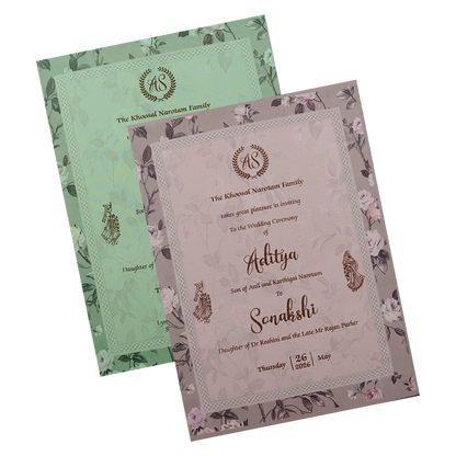 Green Floral Gold Frame Padded Wedding Card-KRE27260