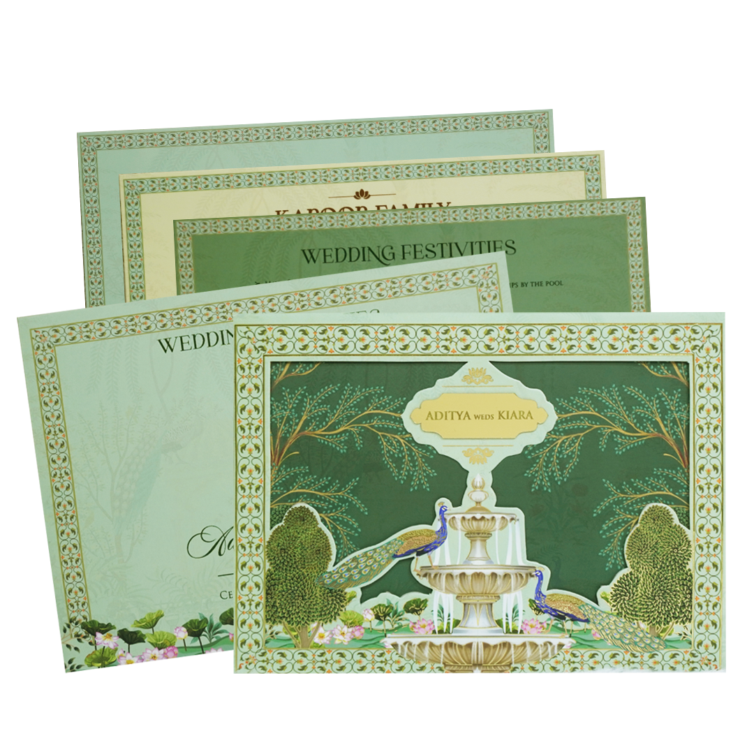 Emerald Green Fountain Peacock Wedding Card - KFR16270