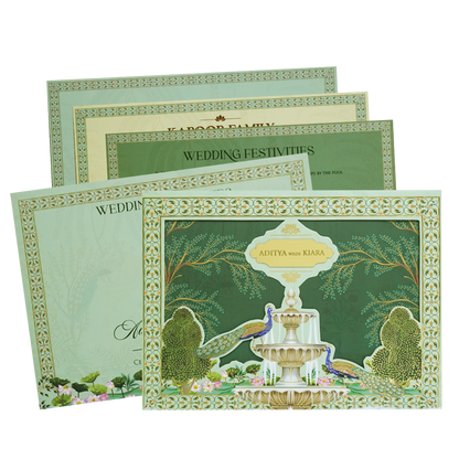 Emerald Green Fountain Peacock Wedding Card - KFR16270