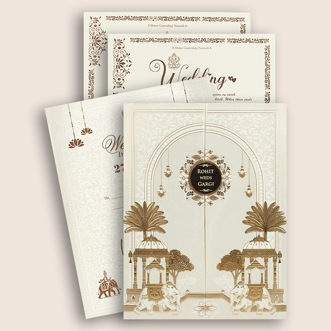 White Embossed Elephant Door Style Padded Marriage Invitation - KSH27280