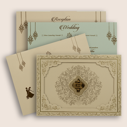 Beige Floral Laser Cut Padded Wedding Invitation - KRB10481