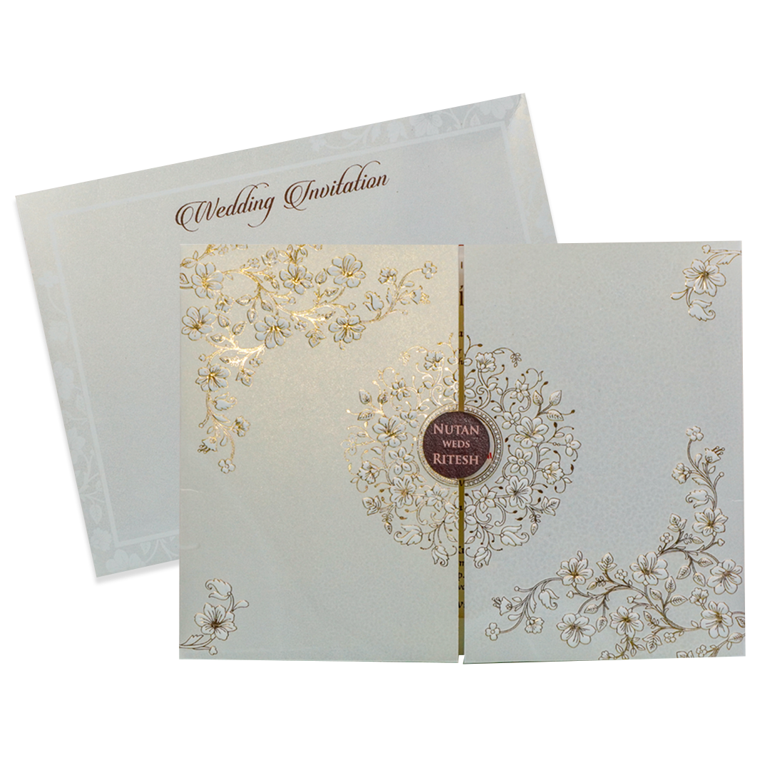 White Floral Embossed Padded  Wedding Invitation - KRE28590