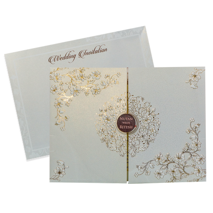 White Floral Embossed Padded  Wedding Invitation - KRE28590