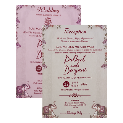 Pink Elephant Floral Padded Wedding Card-KJTS1821