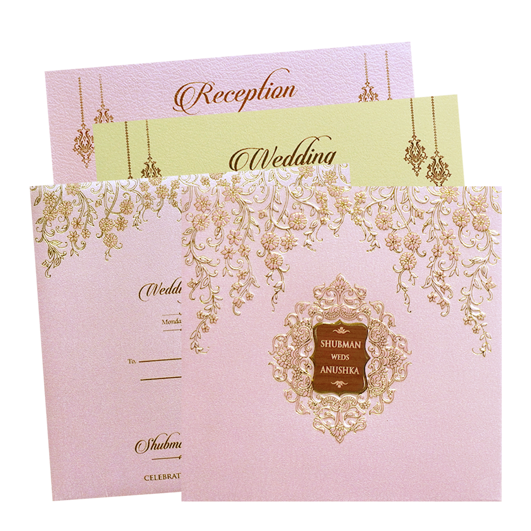 Pink Padded Embossed Floral Wedding Invitation Card-KRB09570
