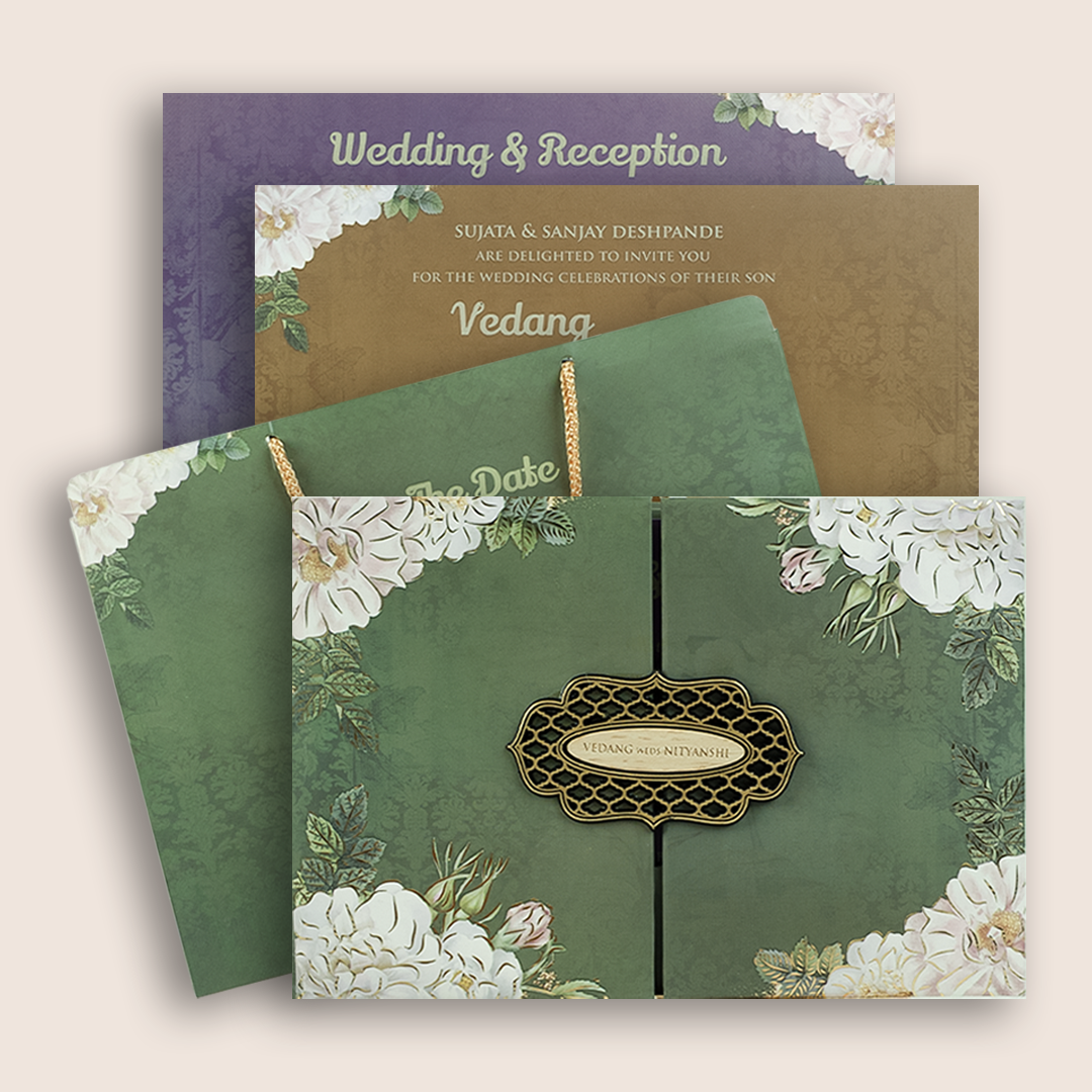 Green Floral Door Style Padded Wedding Card - KVN06550