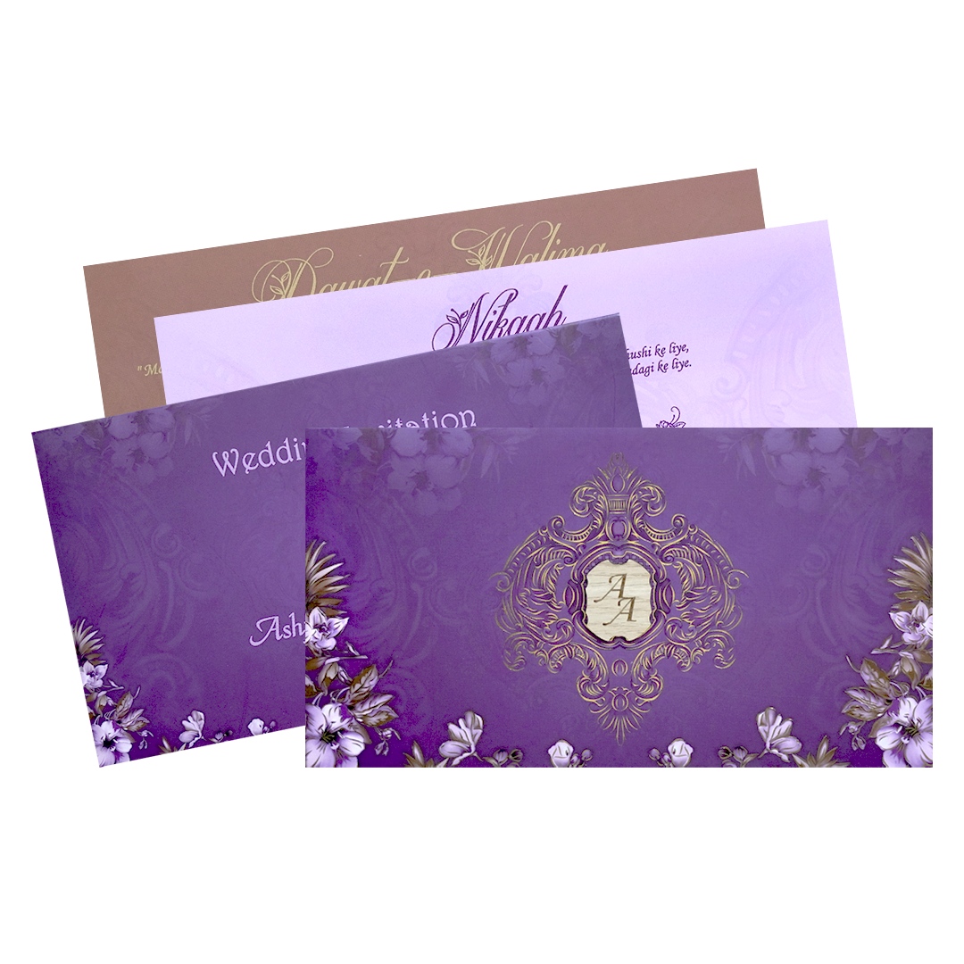 Purple Gold Monogram Floral Padded Wedding Card - KVN07450