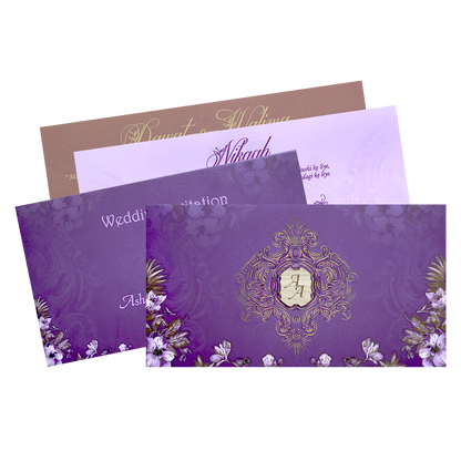 Purple Gold Monogram Floral Padded Wedding Card - KVN07450