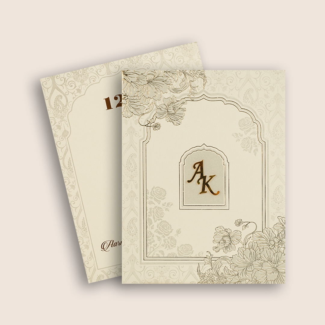 Beige Embossed Floral Padded Wedding Card - KPR010210