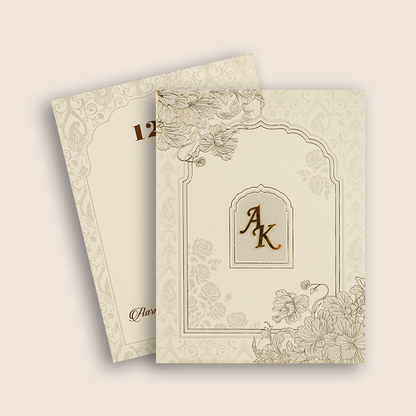 Beige Embossed Floral Padded Wedding Card - KPR010210