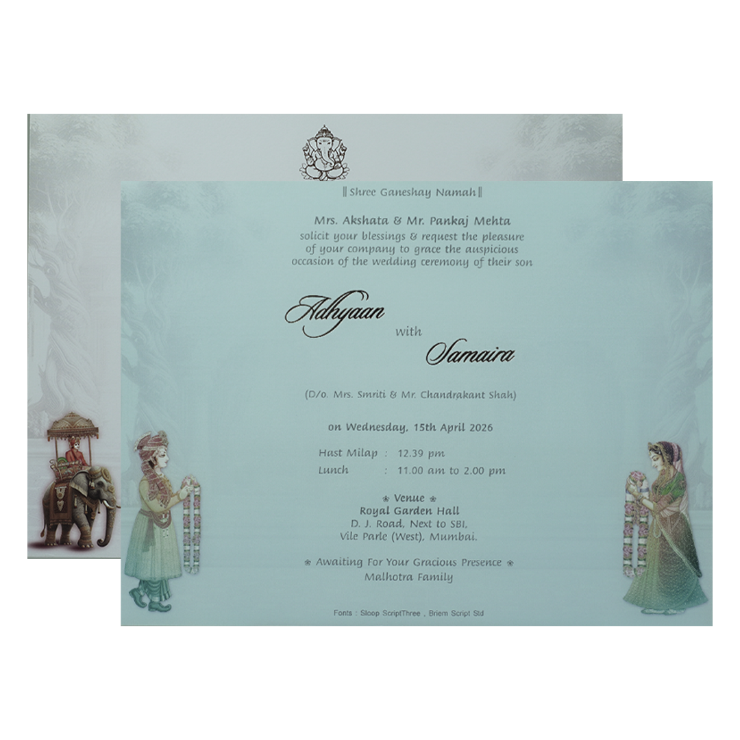 Lavender Padded Peacock Palace Wedding Card-KRC31100