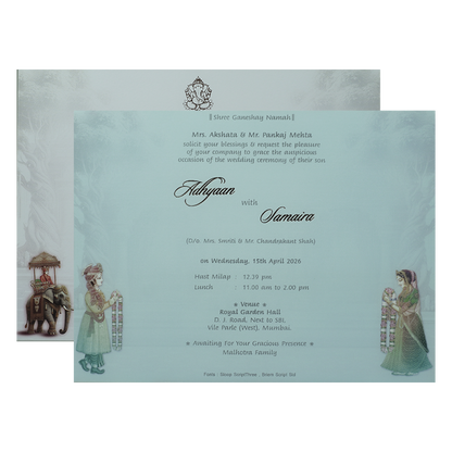 Lavender Padded Peacock Palace Wedding Card-KRC31100