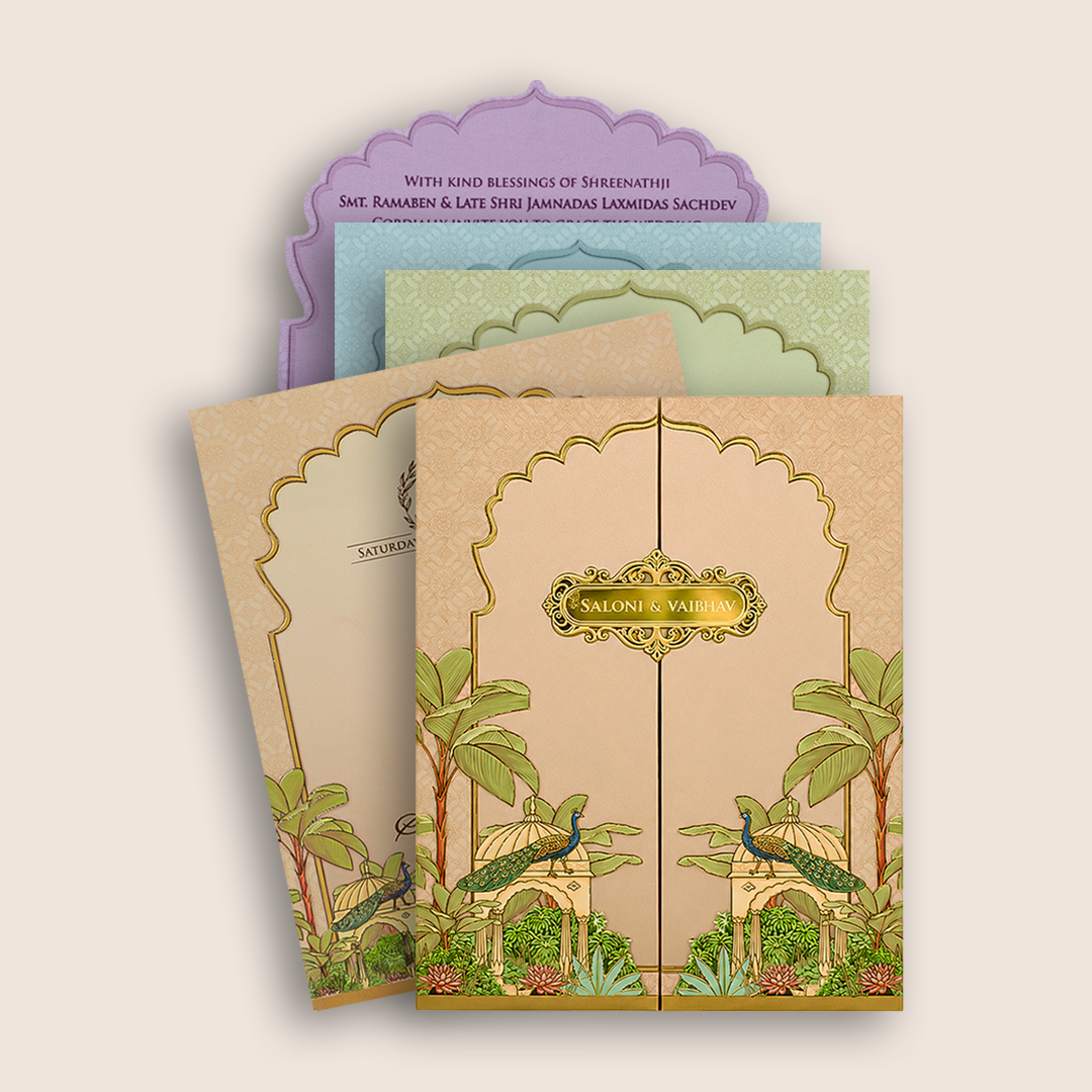 Pink Peacock Door Style Wedding Card - KPR07210