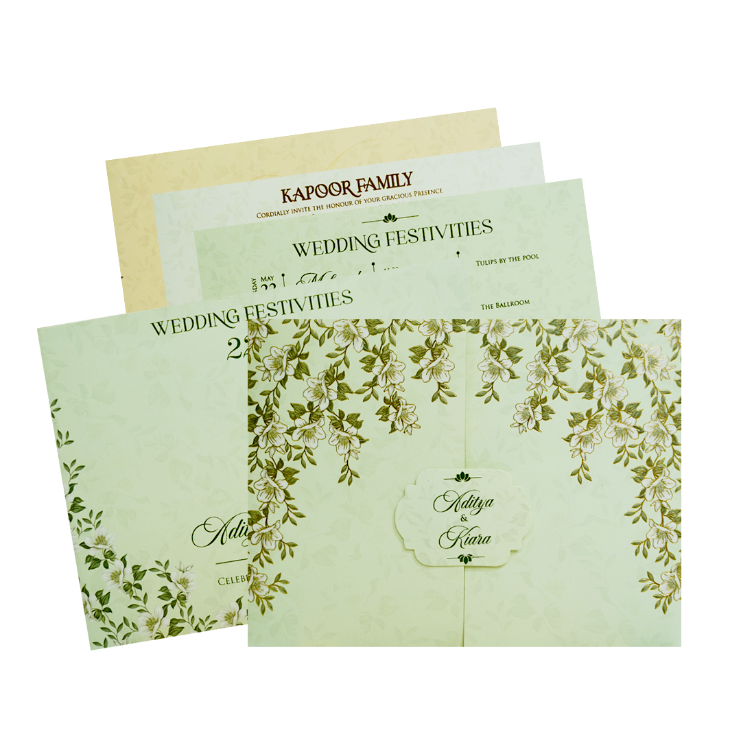 Floral Golden Green Openable Wedding Card - KFR16440
