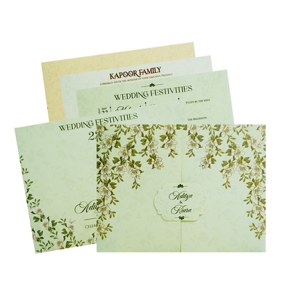 Floral Golden Green Openable Wedding Card - KFR16440