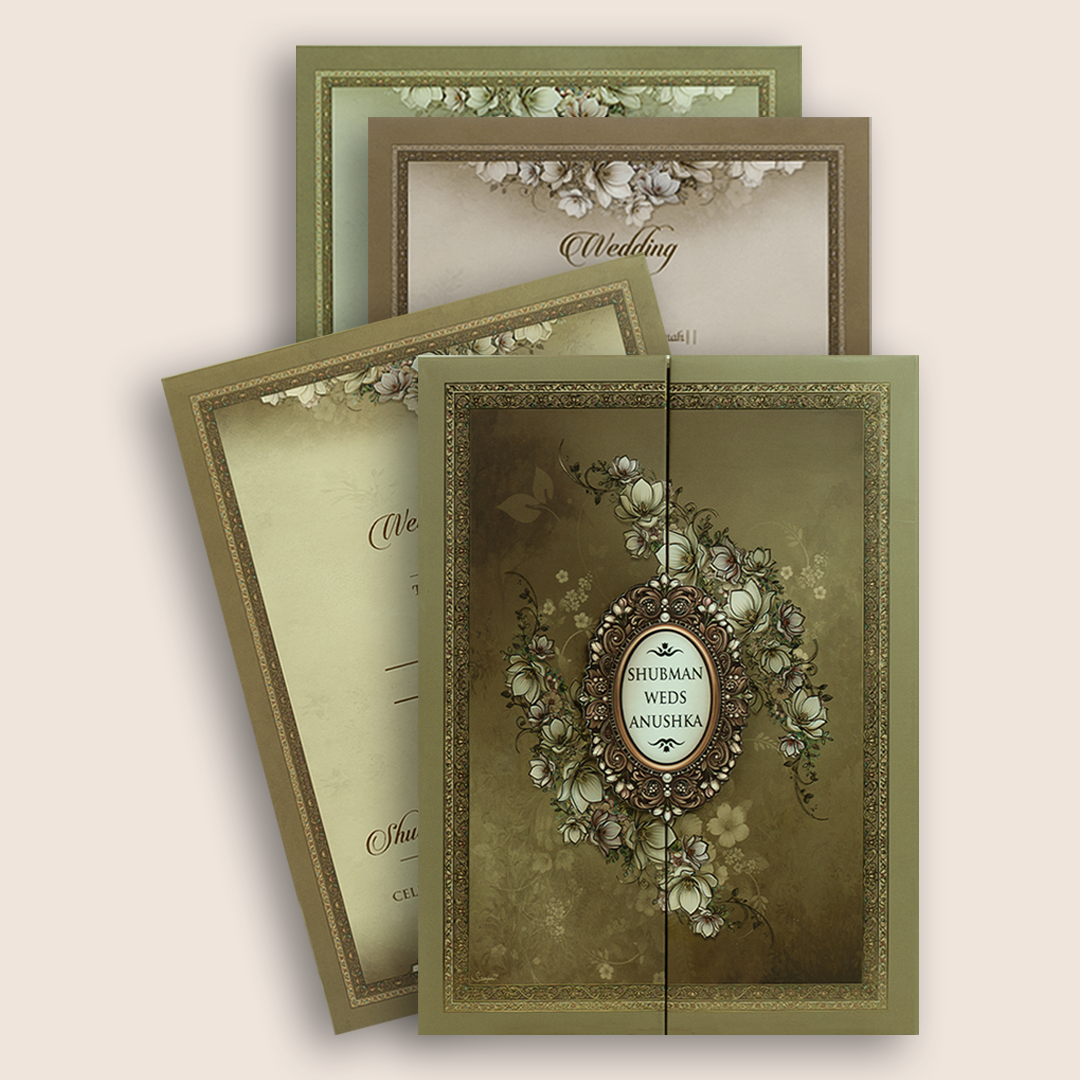 Olive Green Floral Padded Door Style Wedding Card - KRB10660
