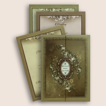 Olive Green Floral Padded Door Style Wedding Card - KRB10660