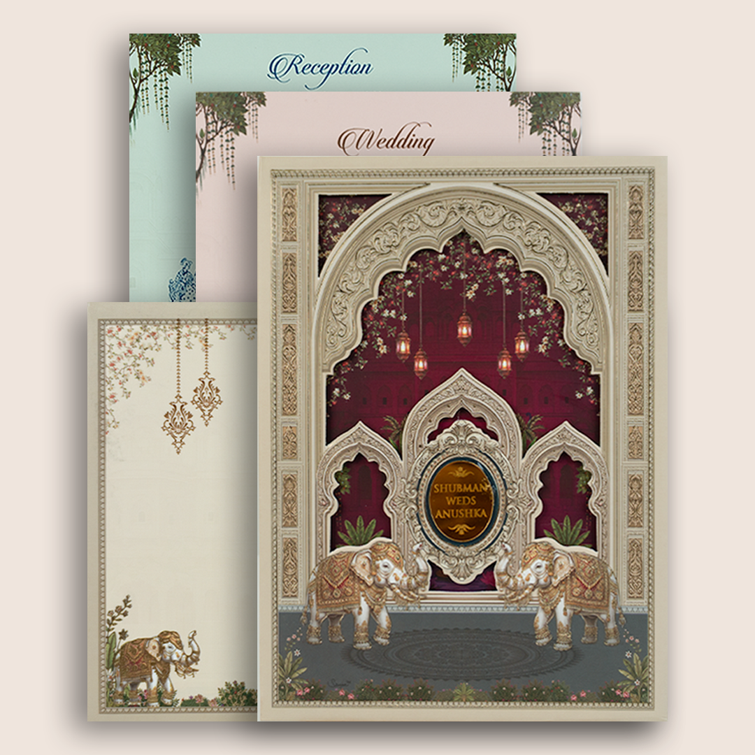 Wine Royal Elephant Laser Cut Padded Wedding Card - KRB10680