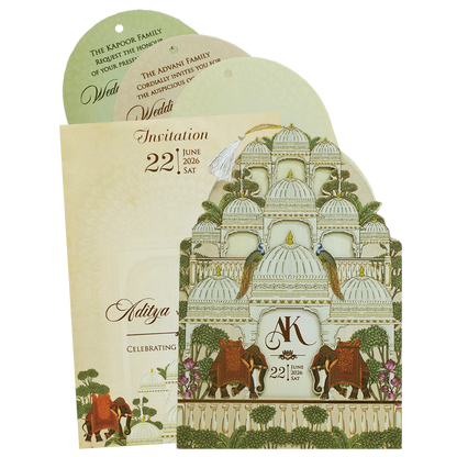 Cream Gold Dome Theme Elephant Wedding Card - KFR16120