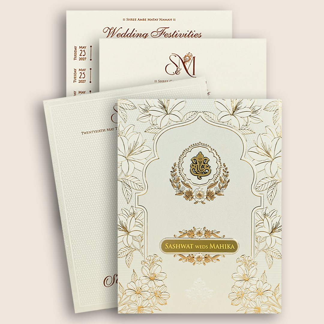White Embossed Floral Padded Invitation Card - KRE29290