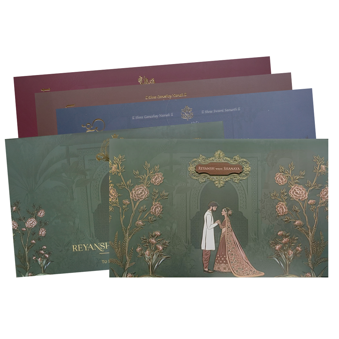 Dark Green Floral Arch Padded Couple Wedding Card - KVN07640