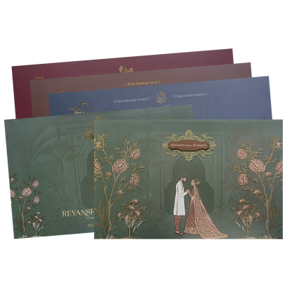 Dark Green Floral Arch Padded Couple Wedding Card - KVN07640
