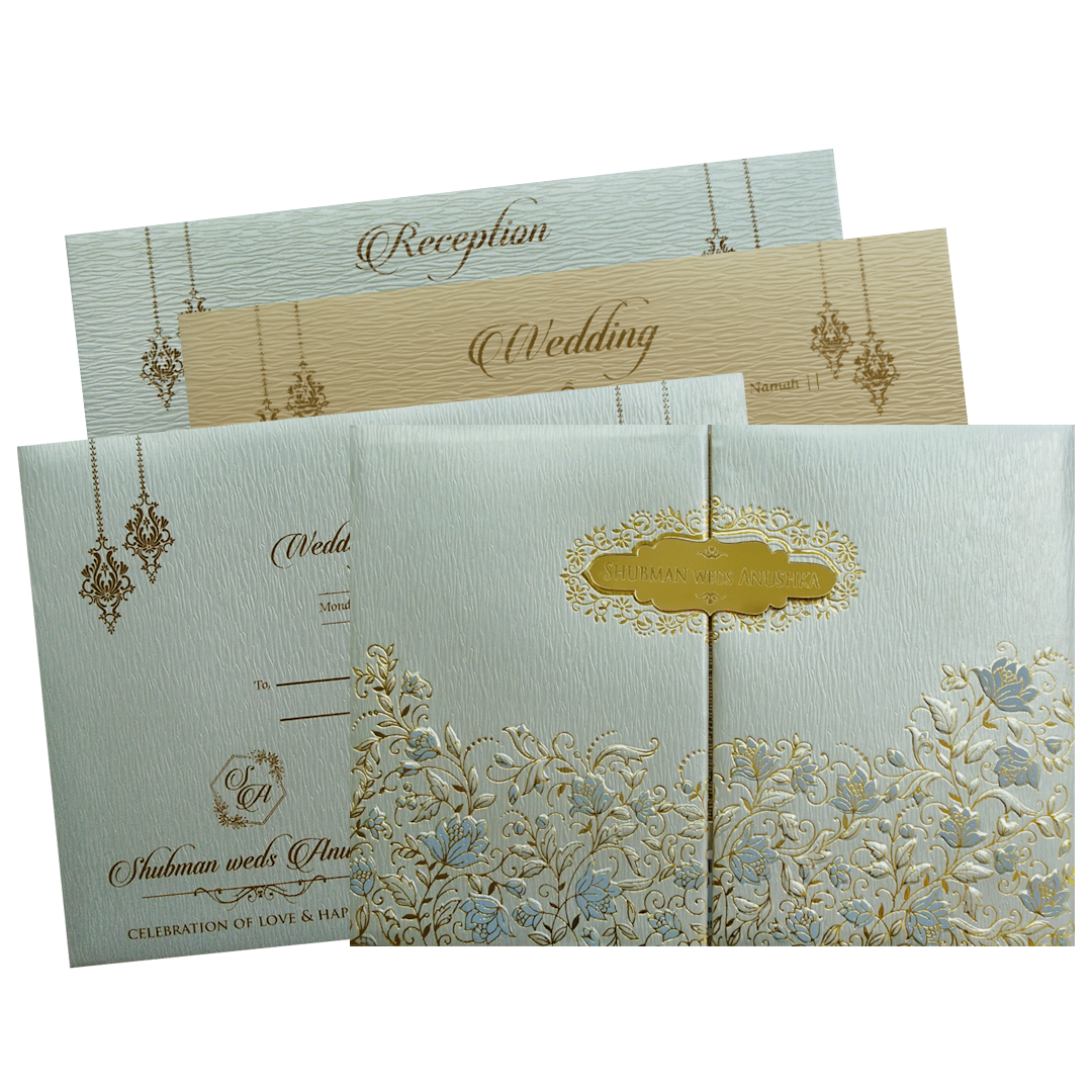 Light Grey Padded Door Style Embossed Gold Foil Wedding Invitation Card-KRB09760