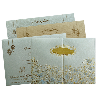 Check out Light Grey Padded Door Style Embossed Gold Foil Wedding Invitation Card at best price. ?WhatsApp Support ?Express Delivery.