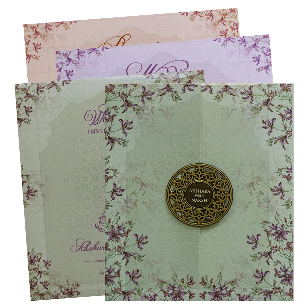 Green Purple Floral Circular Nameplate Wedding Card - KVN07620
