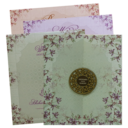 Green Purple Floral Circular Nameplate Wedding Card - KVN07620