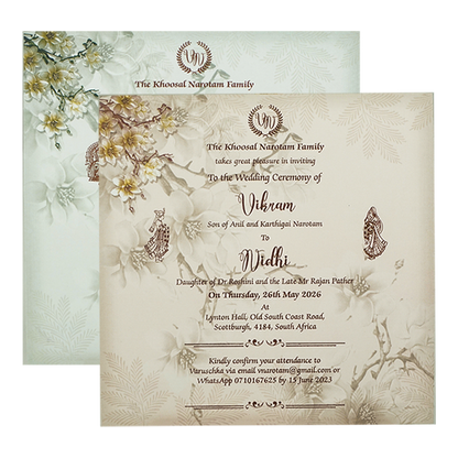 Green White Floral Padded Wedding Card-KRE26570