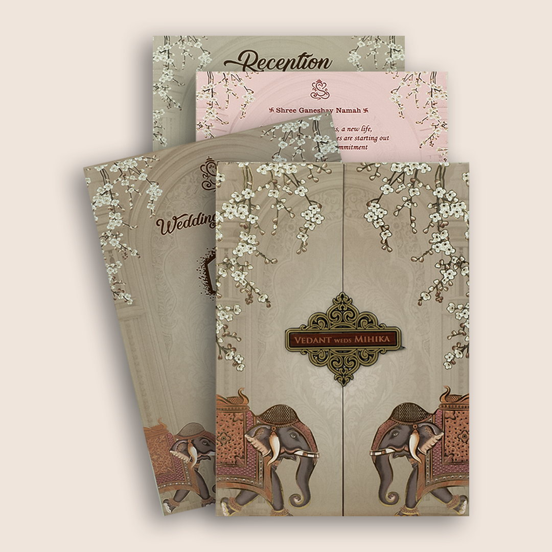 Pale Brown Royal Elephant Padded Door Style Wedding Card - KVN07050