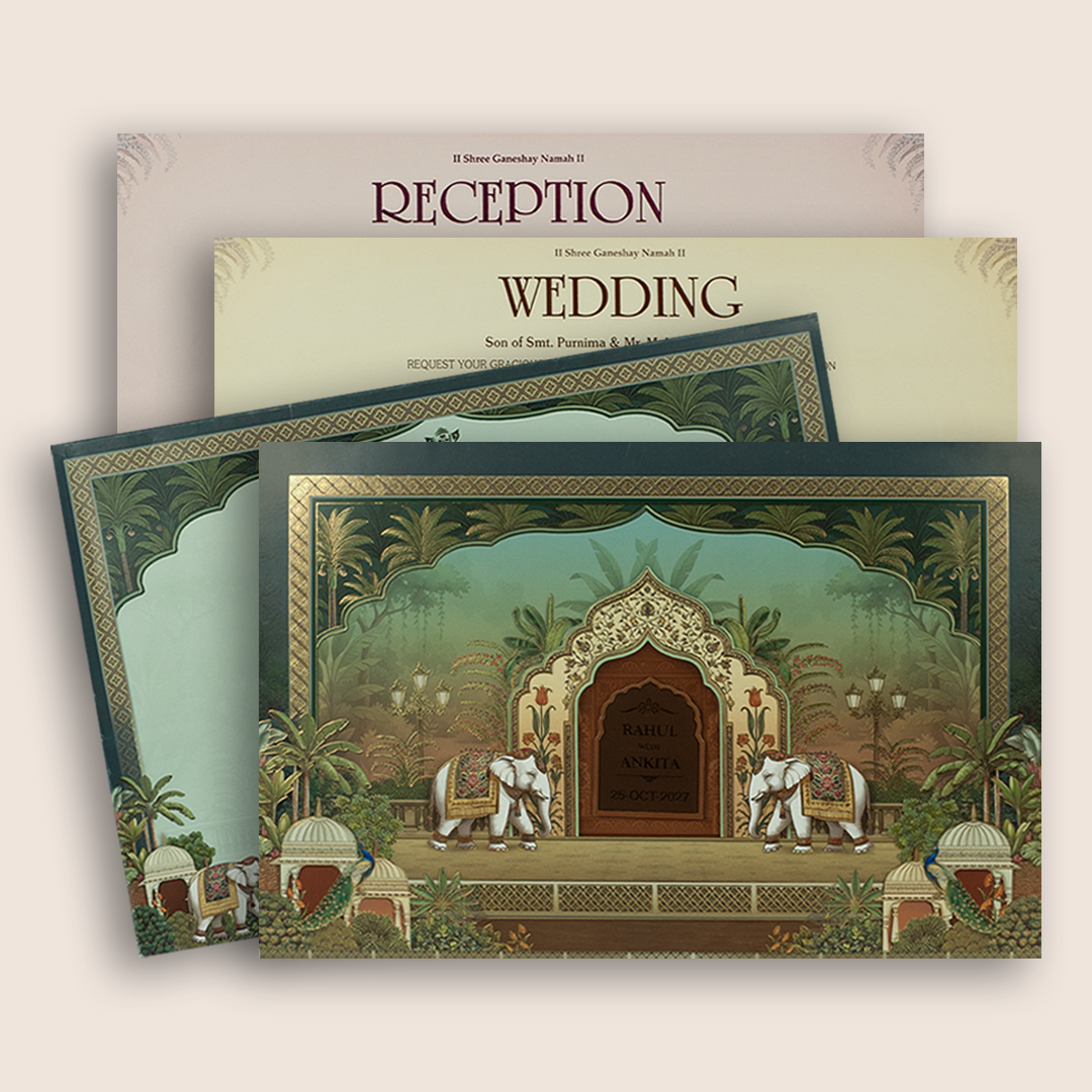 Green Royal Elephant Jharokha Wedding Invitation - KSH19000