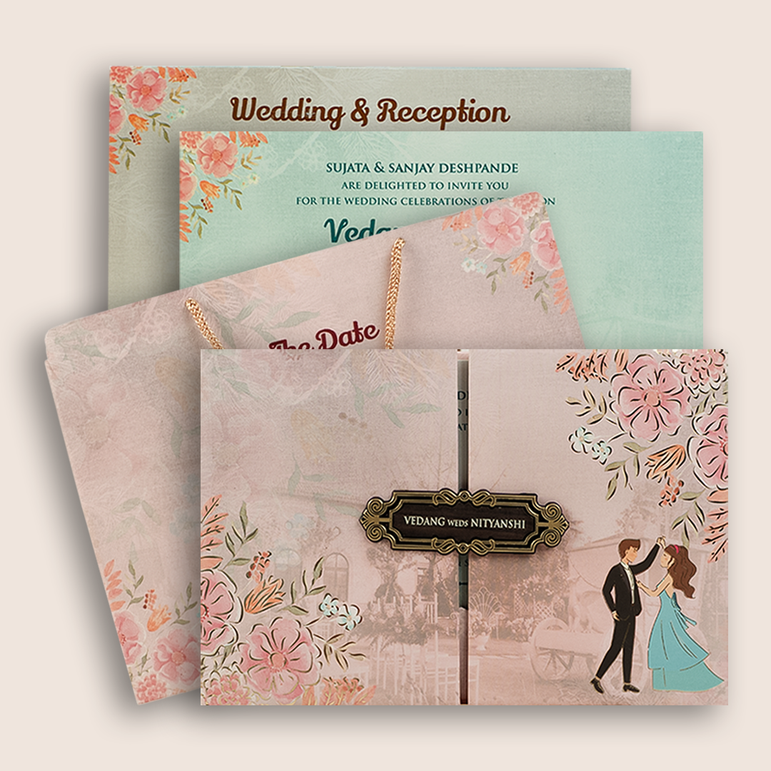 Pink Bride Groom Padded Door Style Wedding Card - KVN06420