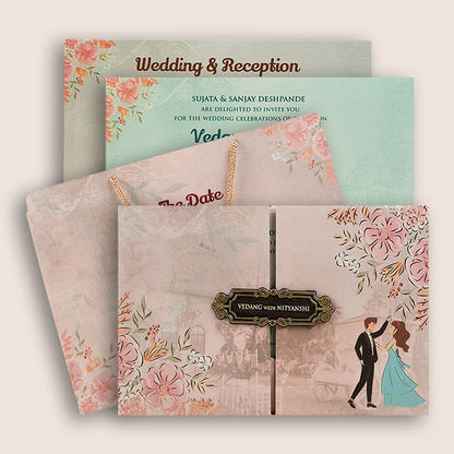 Pink Bride Groom Padded Door Style Wedding Card - KVN06420